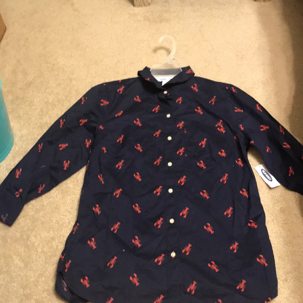 Old Navy Red and Blue CRAWFISH Button Down Shirt with Mandarin Collar